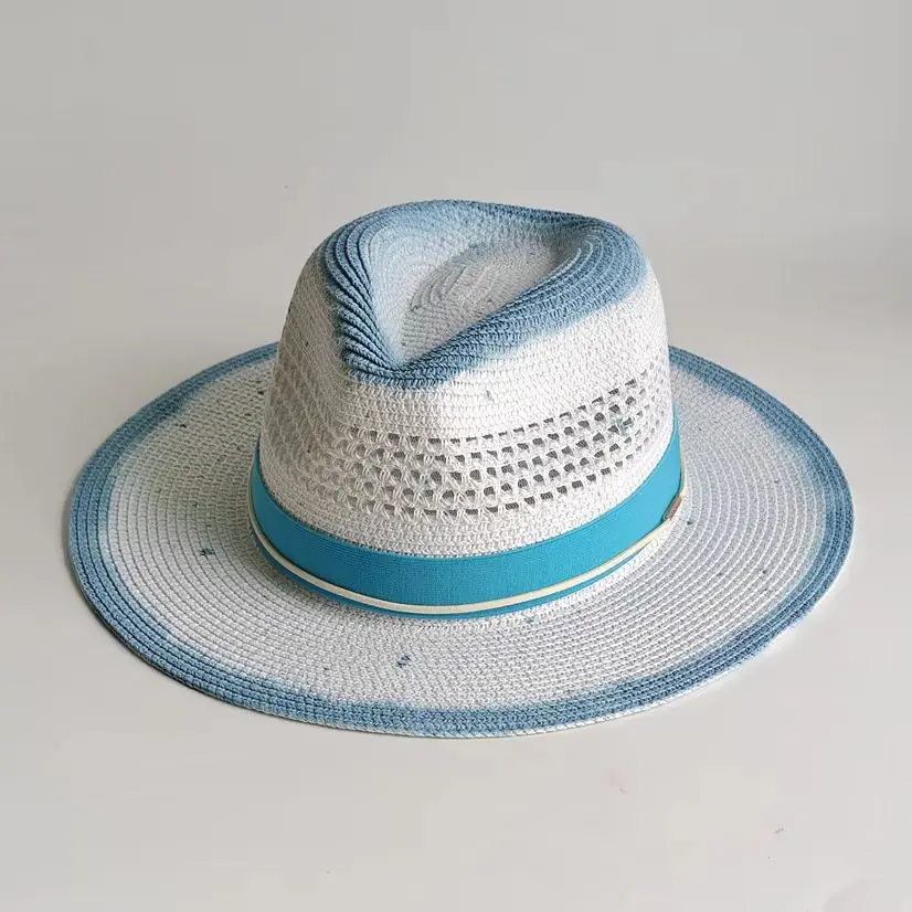 Fashion Blue Gradient Straw Panama Hat Unisex Breathable Fedora Wide Brim Summer Beach Sun Hat Lightweight Travel Vacation Cap