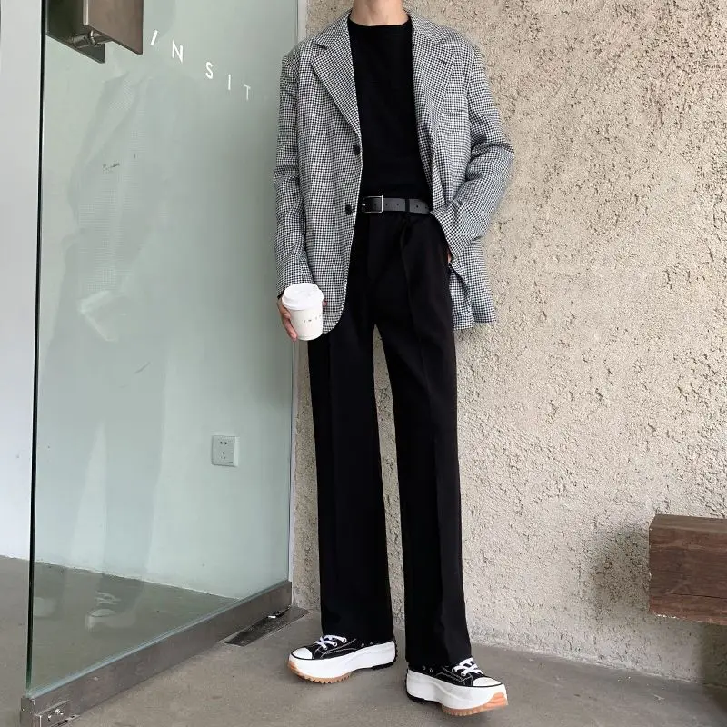 용수철 하이 웨이스트 솔리드 남성 의류, 한국 캐주얼 올 매치 포켓 단추, 심플한 젊은 시크 스트레이트 팬츠, 가을 패션