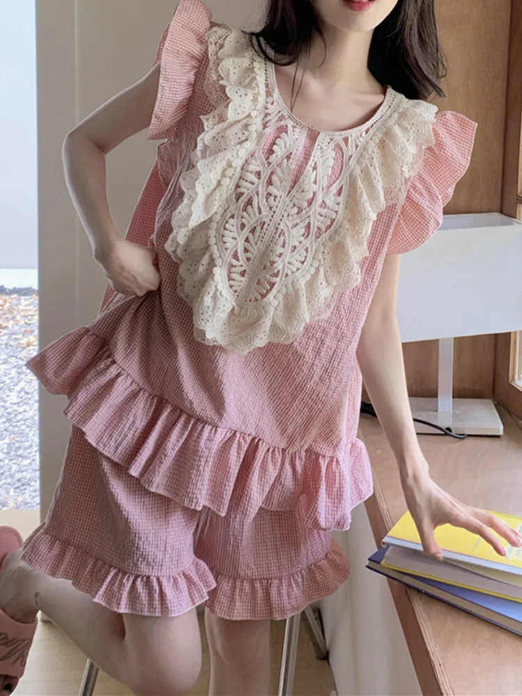 

Lace Sweet Princess Sleeveless Summer Wear Out Girlish Pajama Set Women Korean Vintage Kawaii Loose Casual Elegant Sleepwear