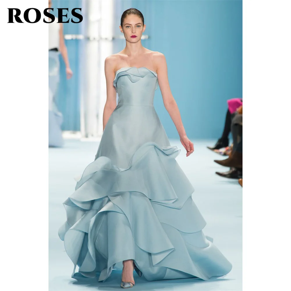 

ROSES Sky Blue A Line Chic Woman Evening Dress Gown Stain Ball Gown Tiered Strapless Night Dress Gown robes de soirée Customized