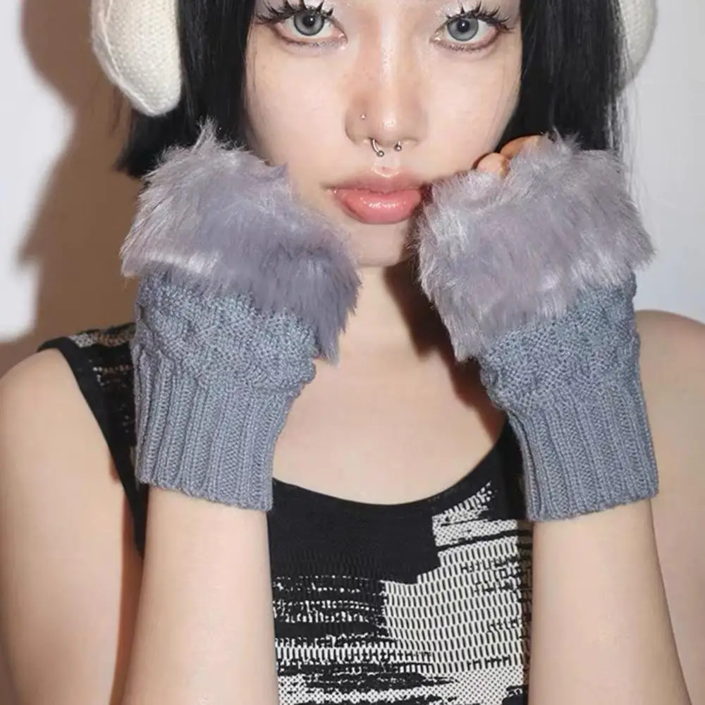 

Thickened Fluffy Fingerless Mitten Warm Faux Rabbit Fur Fingerless Gloves Touchscreen Friendly Outdoor Costume Party Plush Glove