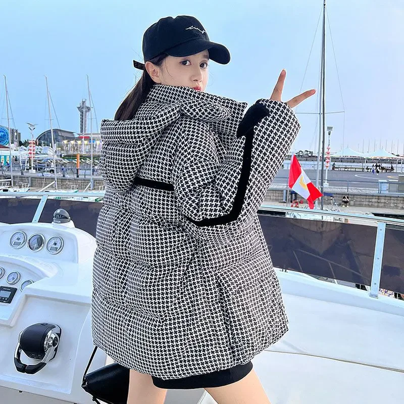 Houndstooth Cotton-Padded Coat Women's Overcoat Loose Short Hooded Cotton Jacket 2024 Winter New Thick Warm Parka Bread Clothes