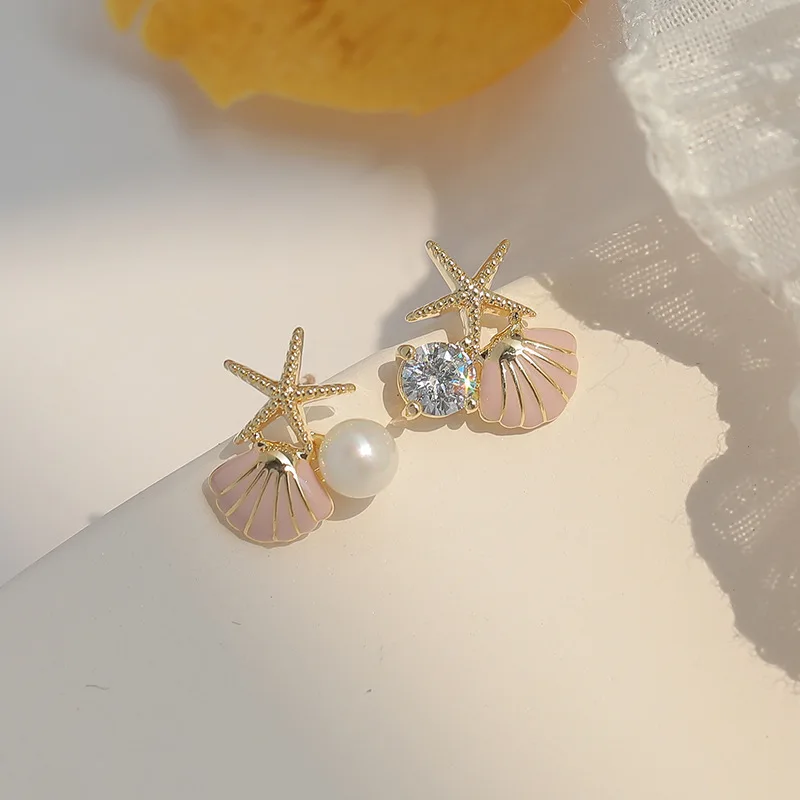 Cute Starfish Shell Shape Stud Earrings for Women Enamel Oil Rhinestones Mini Imitation Pearl Beads Asymmetric Earrings Jewelry