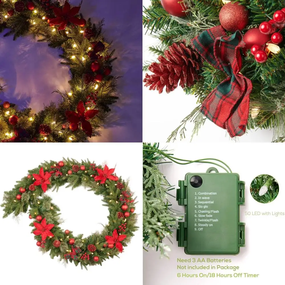 

9-футовая гирлянда из пуансеттии с питанием от батареи и 50 светодиодами на Рождество, подходит для внутреннего и наружного использования