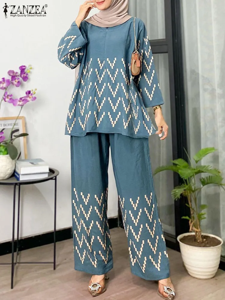 

2024ZANZEA Women Fashion Hijab Muslim Sets Vintage Floral Printed Blouse Trousers Suits 2pcs Dubai Turkey Abaya Islamic Clothing