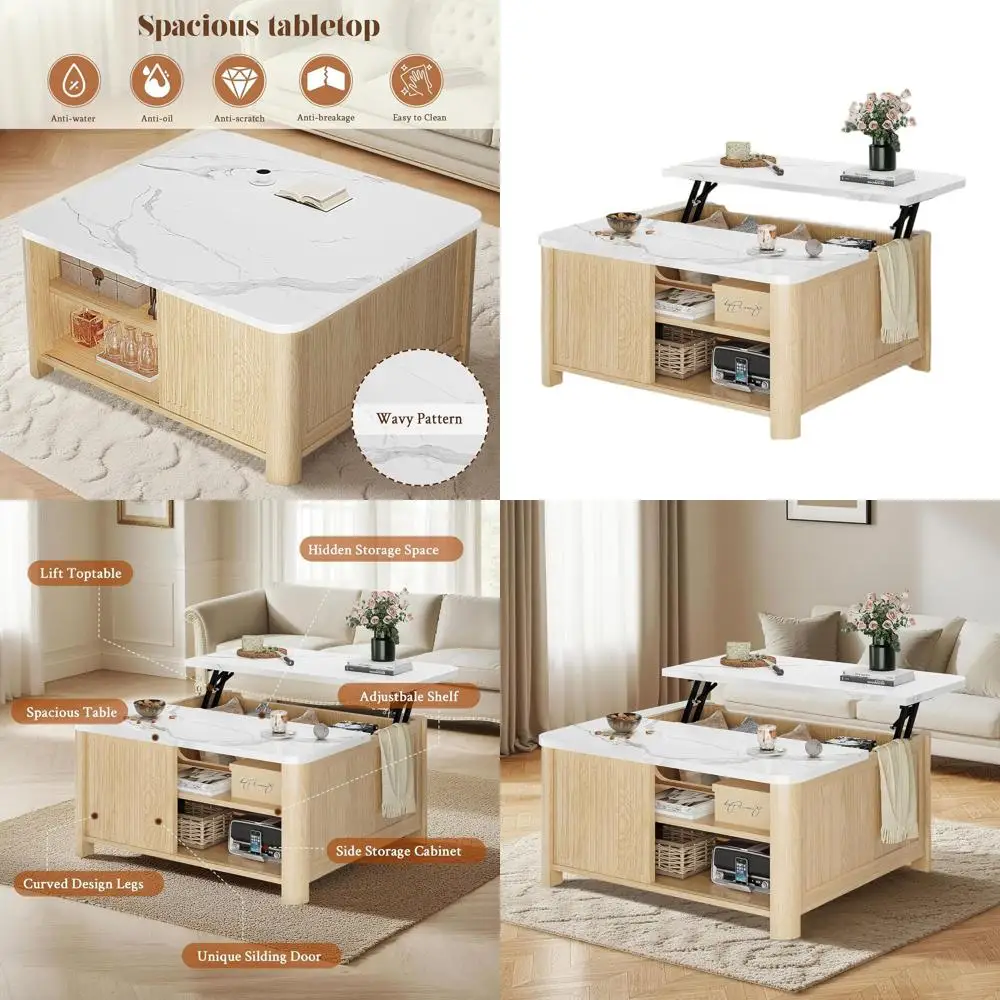 

Mid-Century Modern Lift-Top Coffee Table with Storage, 31.5 Square Oak Table for Living Room, Hidden Compartment & Adjustable Sh