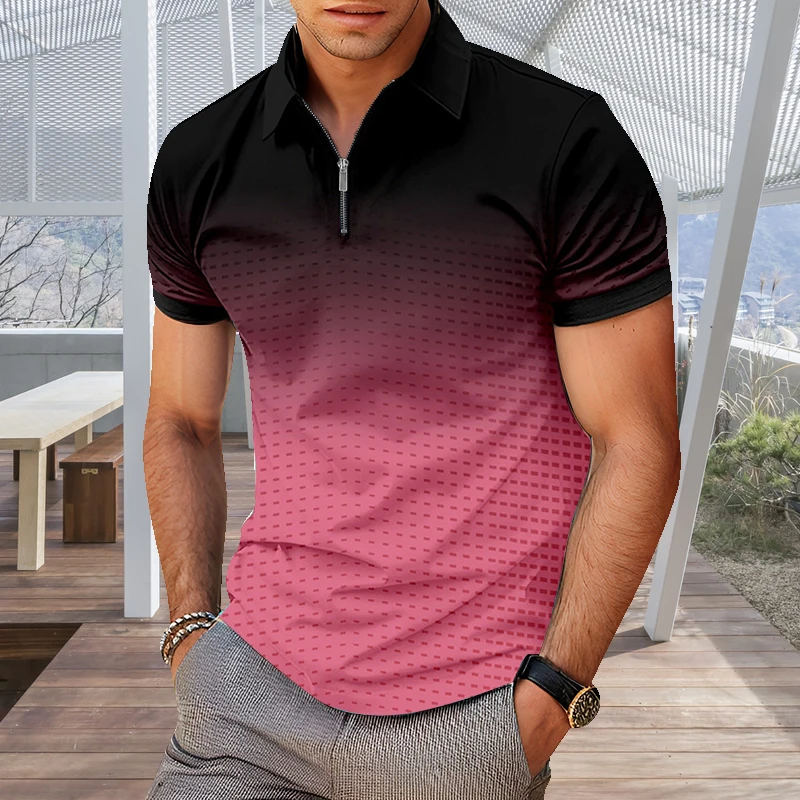

New men's short sleeved polo shirt summer 3D gradient printed casual T-shirt classic top Male zipper lapel casual polo shirt