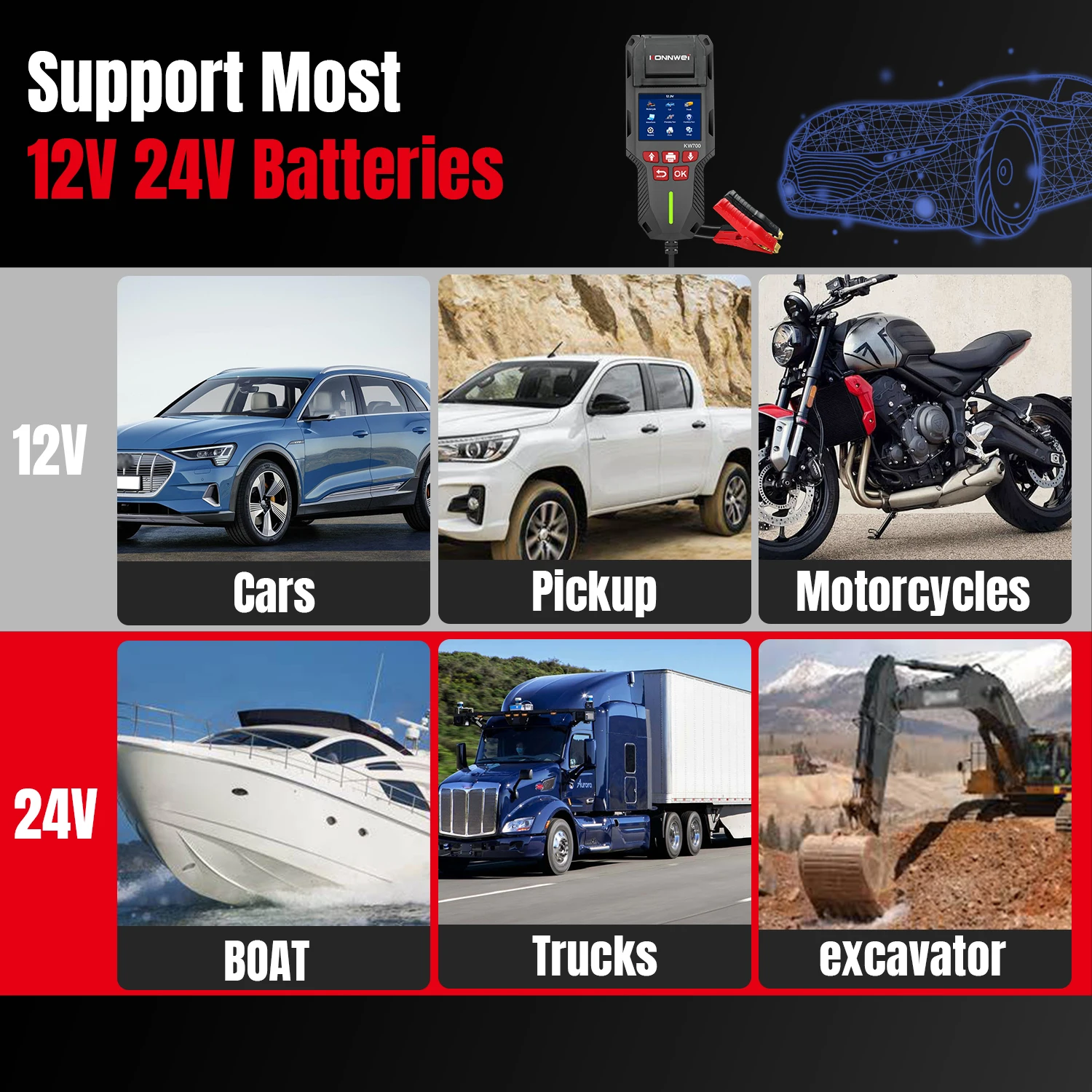 

Тестер аккумуляторной батареи для автомобилей и грузовиков KONNWEI KW700 12 В 24 В с тестером печатной батареи с принтером для проверки напряжения CCA, внутреннее сопротивление