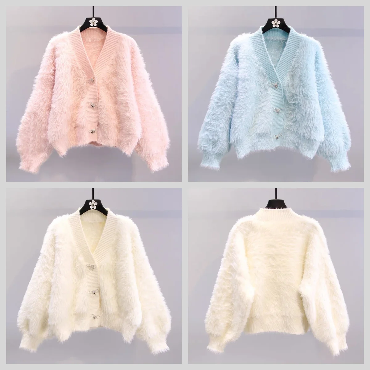 Women's Winter Fluffy Faux Fur Cardigan, Luxury Sweater, Pink/Sky Blue/White, V-neck, Batwing Long Sleeve, Single Breasted,Trend