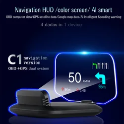 HD C1 OBD2 HUD Car Head Up Display GPS Navigation Projector Digital Speed Gauge KMH MPH Overspeed RPM Alarm Plug and Play