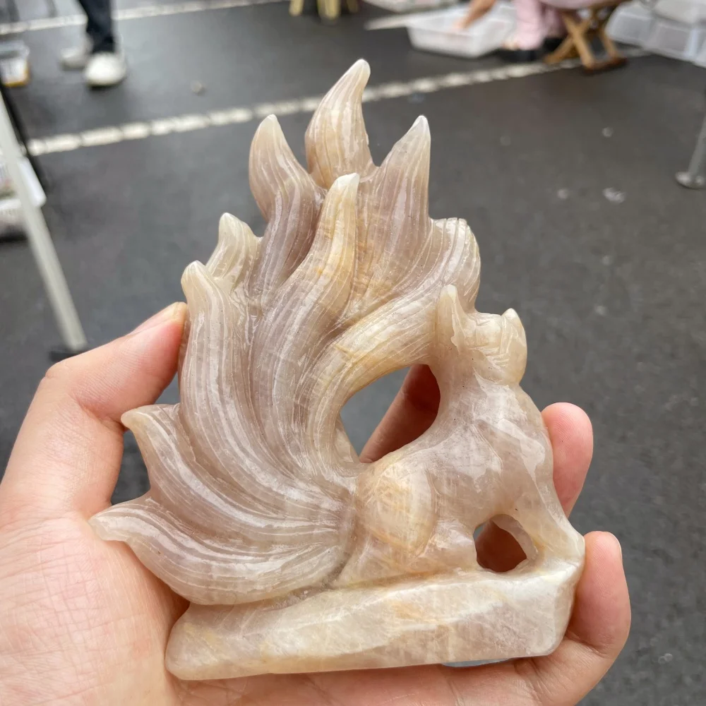1PCS Natural Moon Stone Carving Nine-Tailed Fox Fengshui Crystal Love Healing Home Decorative Gift for Emotional Wellbeing