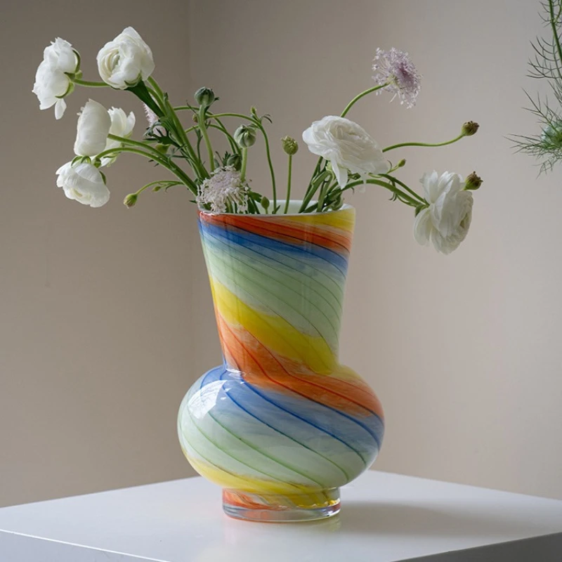 

Stained Glass Vase Rainbow Stripes Large Diameter Flower Arrangement Accessories Hydroponics Terrarium Home Decoration