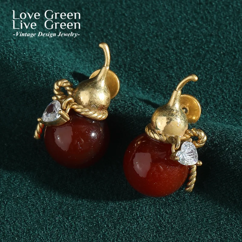 

Vintage Red Agate Gourd Earrings Woman Chinese Style Gold Color Elegant Luxury Quality Jewelry Designer Daily Special Occasions