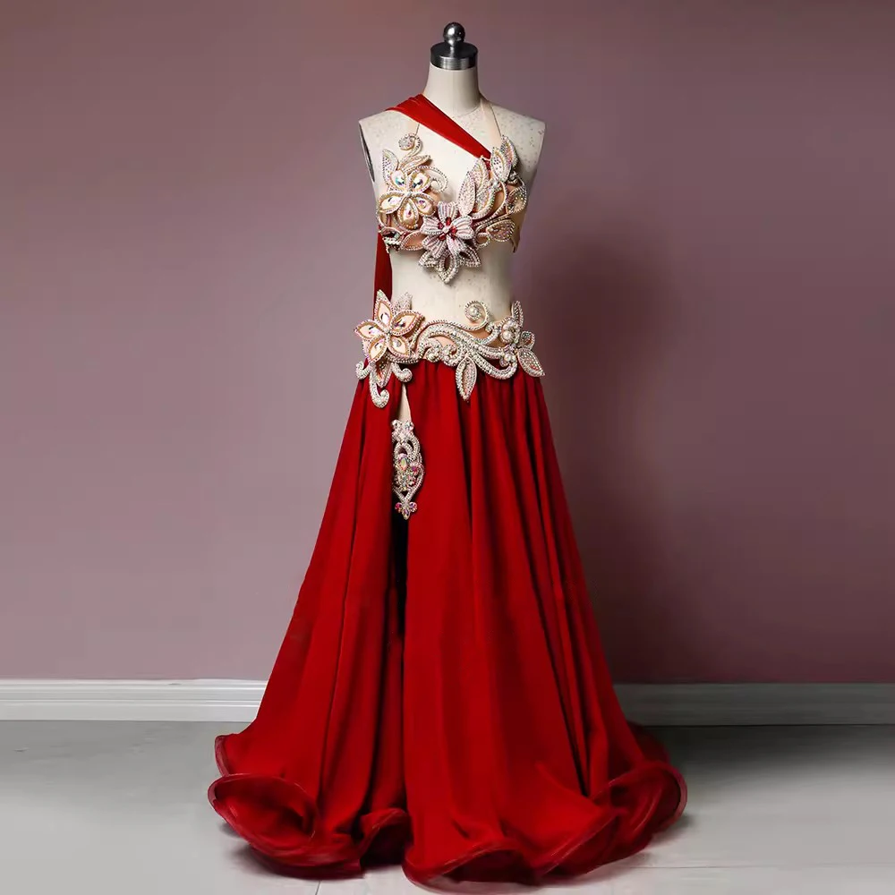 

Customize Luxurious Egyptian Belly Dance Costume Professional Group Competition Oriental Dance Outfit White Bra Belt Skirt