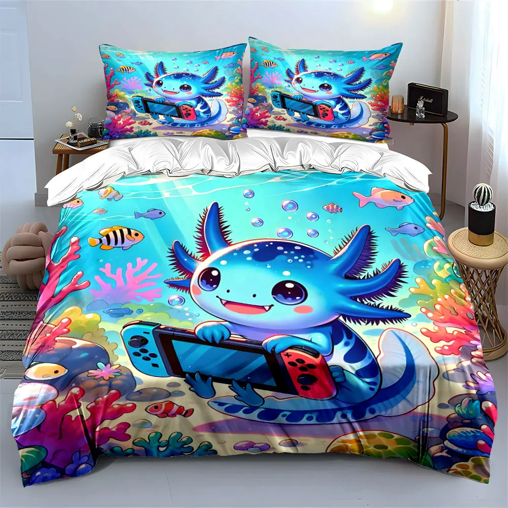 Adorable axolotl enjoying gaming fun Print Bedding set 3PC 1 duvet cover 2 pillowcases adult and children bedding set Luxury