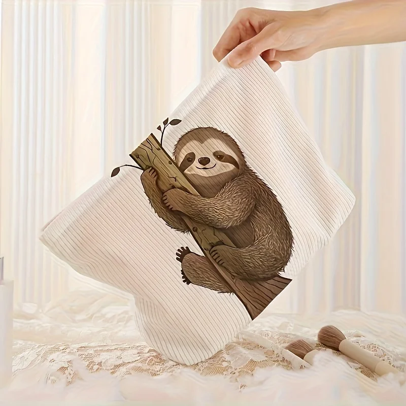 Cartoon Sloth Pattern Printed Corduroy Zipper Storage Bag Cosmetic Bag, Lightweight Cosmetic Bag, Multi-Functional Wash Bag