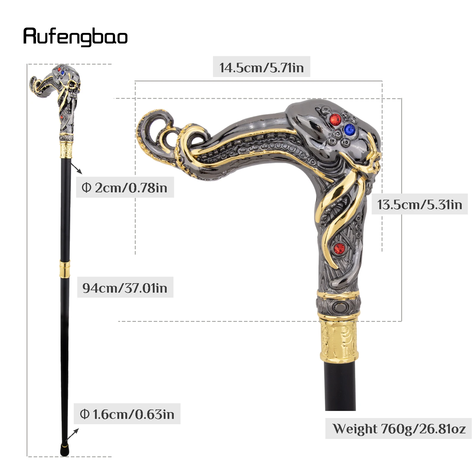 Black Yellow Skull Fish Squid Walking Cane Diamond Cane Decorative Stick Decorative Cosplay and Parties for Cosplay & Party 94cm