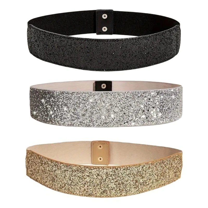 Stylish Sequins Wide Belt Durability Leather Waist Belt Street Styles Waistband for Parties and Evening Event