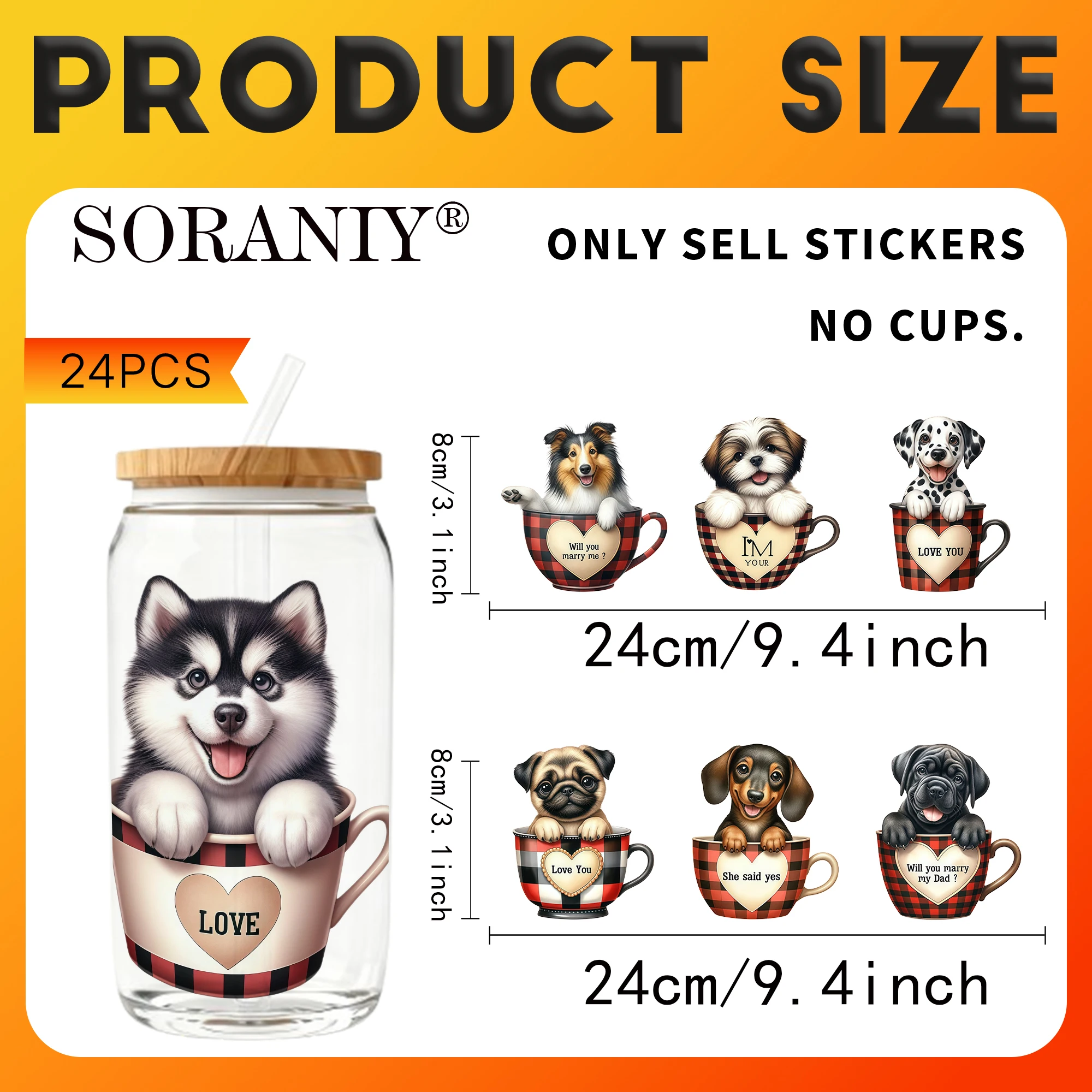 UV DTF Cup Stickers - 24Pcs/Set Coffee Cup Puppy Waterproof 16Oz Glass Jar DIY Transfer Decal, High Viscosity Easy Use For Bottl