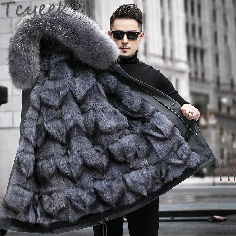 Tcyeek Fox Fur Coats Winter Jackets for Men Clothing Liner Detachable Mens Real Fur Coat Fashion Raccoon Dog Fur Collar Parka