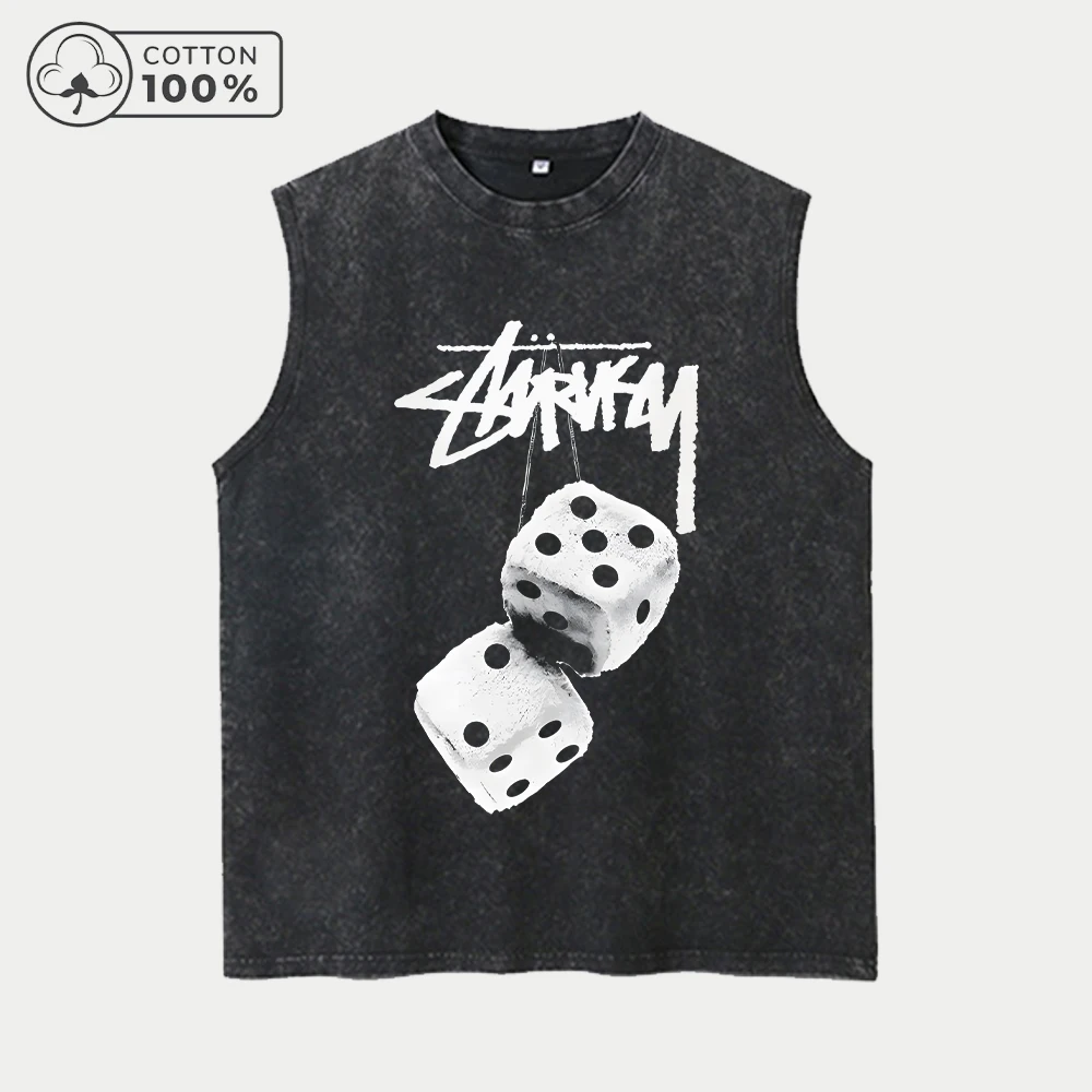Fitness Washed Vest Fashionable Dice Print Retro Casual Pure Cotton Sleeveless Vest Summer Commuting Running Training Top