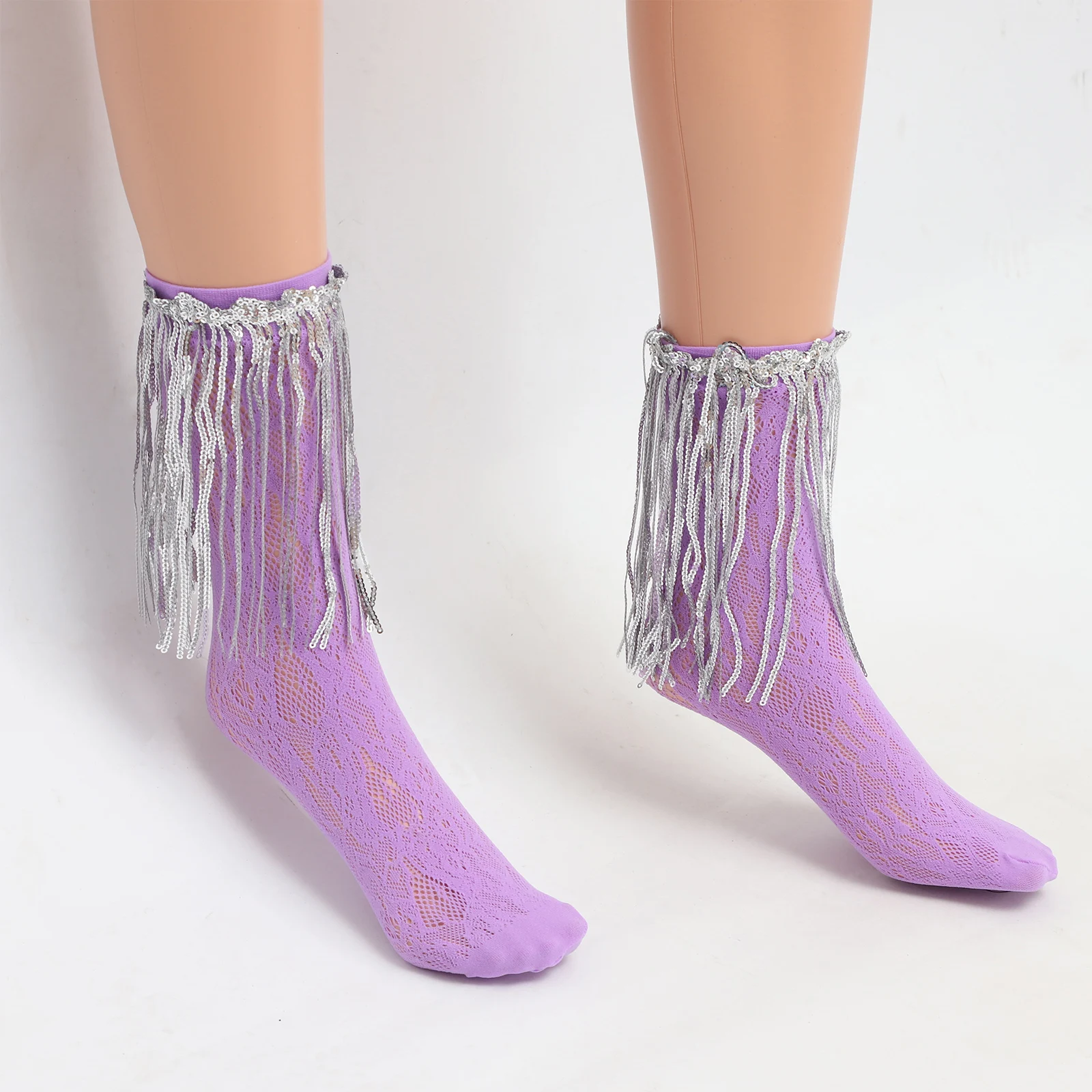 1 زوج سباركلي الترتر شرابة الجوارب النساء الرجعية بلون منتصف جوارب أنبوبية نمط جوفاء مزين تخزين زي اكسسوارات