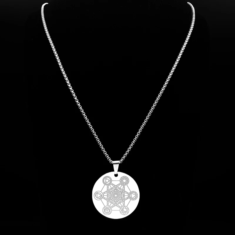 Yoga Hindu Buddhism 7 Chakra Medal Stainless Steel Necklace for Women Men Sacred Geometry Angel Seal Metatron Symbol Jewelry