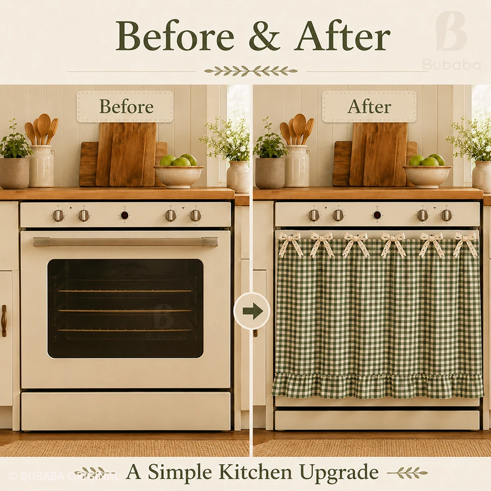 Retro Plaid Oven Curtain Lace Strap Ruffle Edge Decorative Curtain Kitchen Dust Curtain Dust Cover Shielding Dust Cover