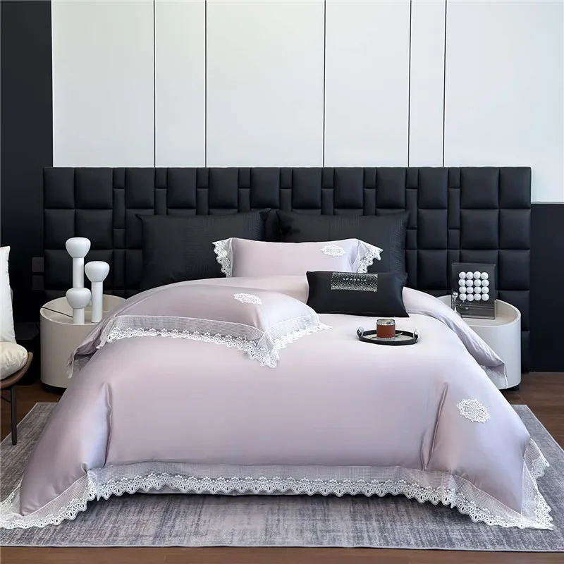 

600TC Lyocell Cotton Solid Color Lace Soft Silky Luxury Bedding Set Duvet Cover Flat/Fitted Bed Sheet Pillowcase 4Pcs