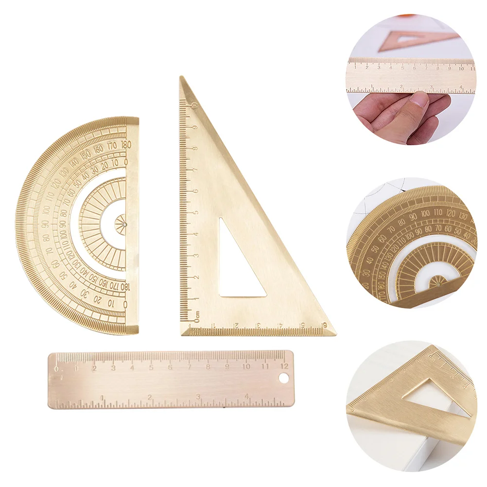 1Set Brass Drawing Measurement Ruler Set Triangle Protractor Straightedge Accurate Scales Portable School Office