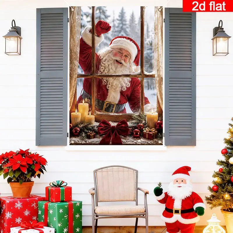 VIKAMA Easy to Install Christmas Curtain Santa Claus Window Snowy Forest Candles Wreath Bow Living Room Window Winter Decor
