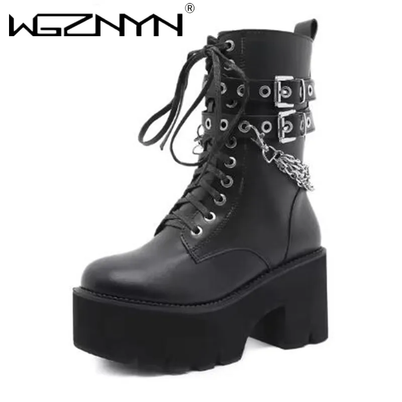 2024 Women Platform Shoes Black Gothic Buckle Leather Woman Creeper Punk Shoes Female Black Ankle Short Combat Boots for Women