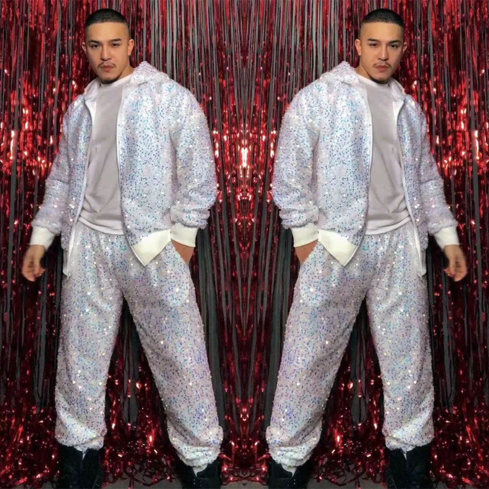 Glanzende Pailletten Jas Broek Mannelijke Jazzdans Hip Hop Set Zanger Nachtbar Concert Stadium Slijtage Street Dance Prestaties Kostuum