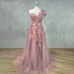 DIDEYTTAWL Real Photos One-Shoulder Pleats Appliques Sleeveless Prom Dress A-Line Lace Up Back Court Train Evening Gown