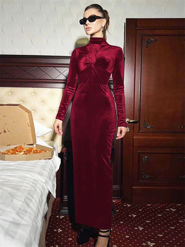 Tossy Fashion Pleated Skinny Dress Female High Waist Twist Long Sleeve Elegant Solid Party Dress Gown Women's Maxi Dress Autumn