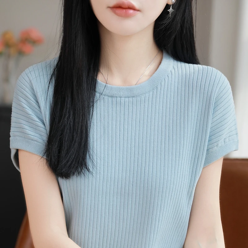 100% pure cotton women's loose round neck short sleeved knitted T-shirt pullover solid color summer new item