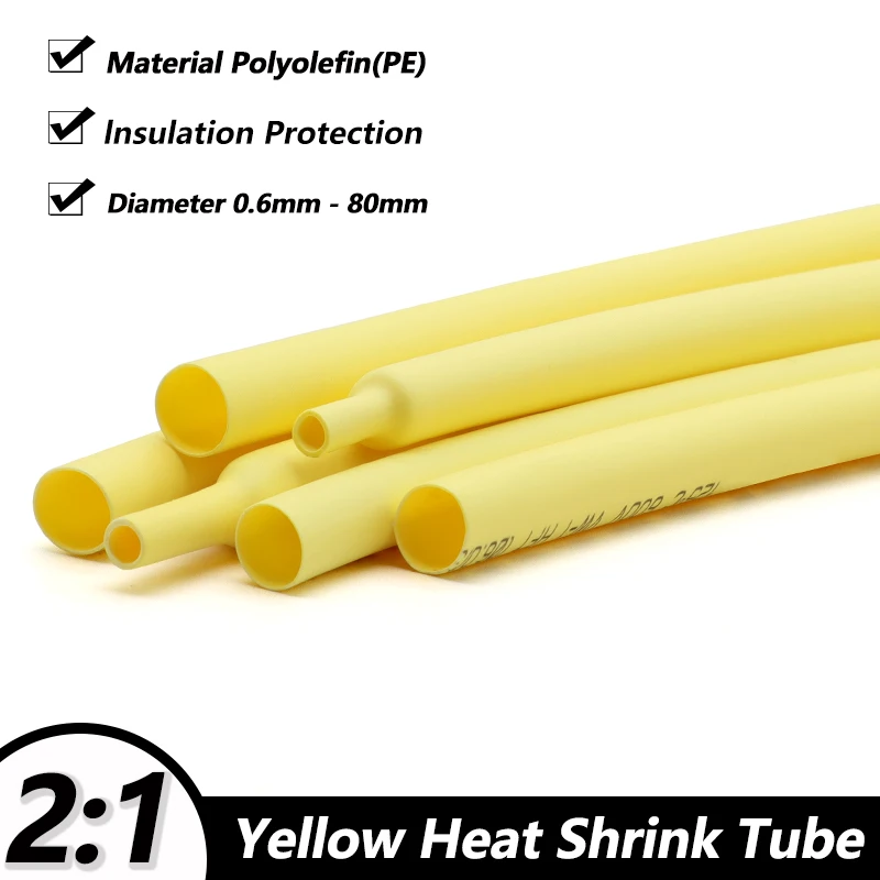 

2:1 Yellow Heat Shrink Tube 0.6mm ~ 80mm Diameter Heatshrink Tubing DIY Connector Repair Electrical Insulation Protecctor Sleeve