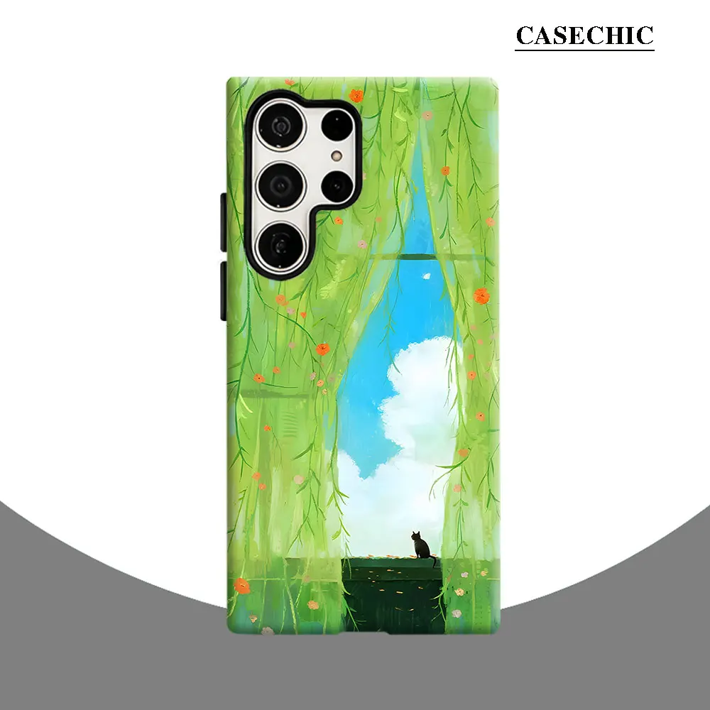 Willow Cat Summer Scene Phone Case for Samsung Galaxy S26 S25 Ultra S24 S23 Ultra Plus Shockproof Double layer tough Back Cover
