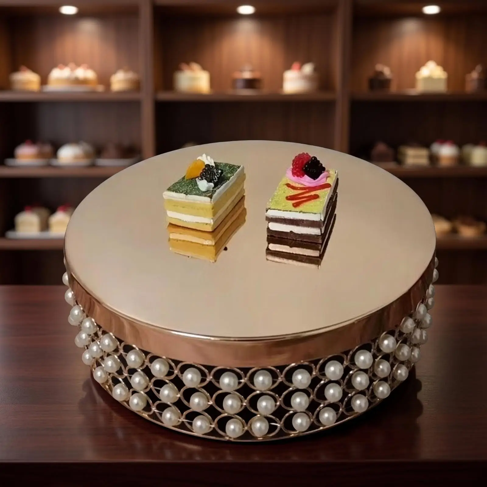 beaded-cake-stand-with-pearl-beads-electroplated-gold-finish-decorative-openwork-side-band-metal-cake-tray-for-weddings