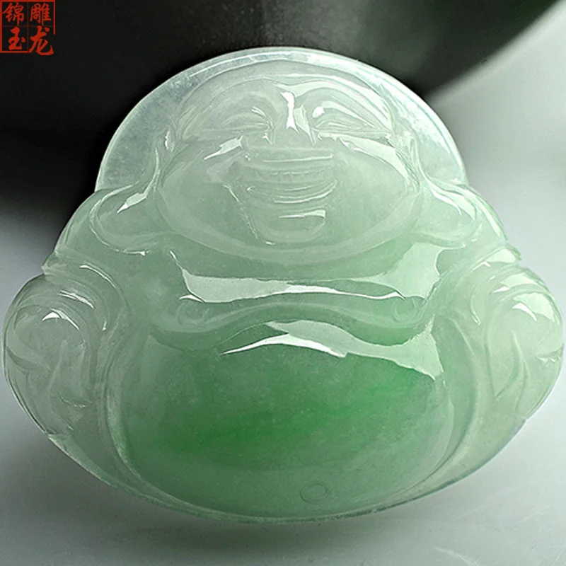 Myanmar Jadeite Light Green With Flower Pattern Maitreya Buddha Pendant