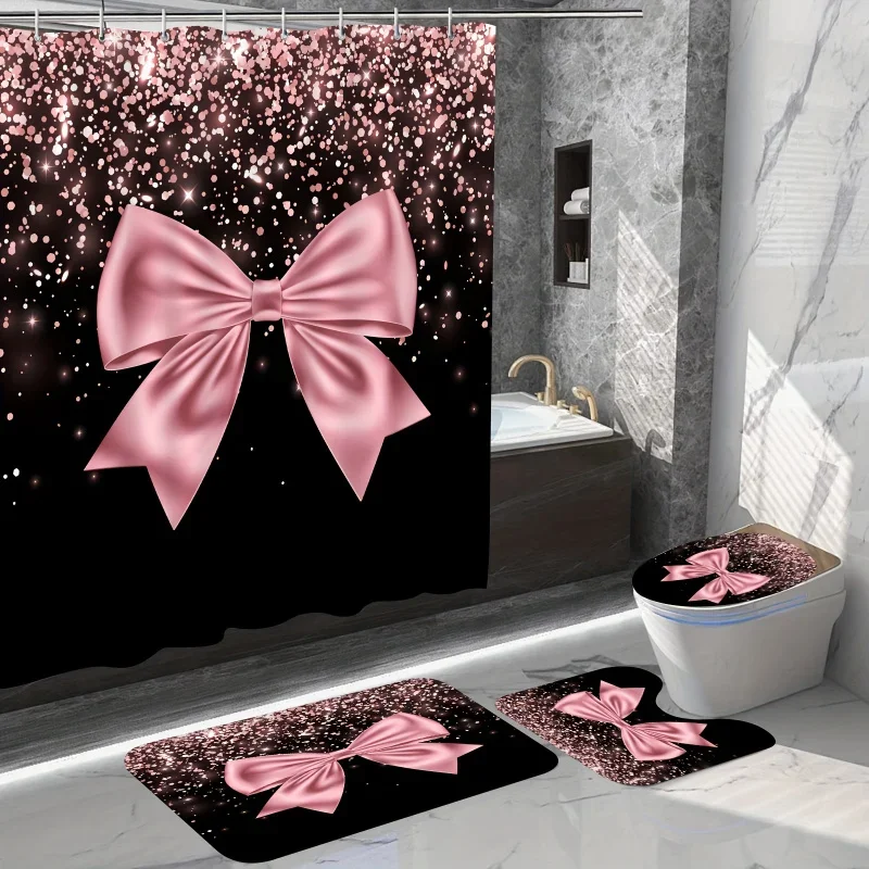 

4Pcs Pink Gift Bow Shower Curtain Set, Pink Glitter Drip (no Sequin) Shower Curtain Bathroom Decoration Non-Slip Mats