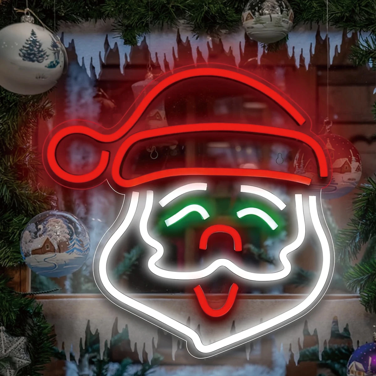Santa Claus Face LED Neon Sign, USB Acrylic Christmas Wall Light, Multicolor Santa Hat Neon Lamp, Xmas Window Hanging Decor, Hol