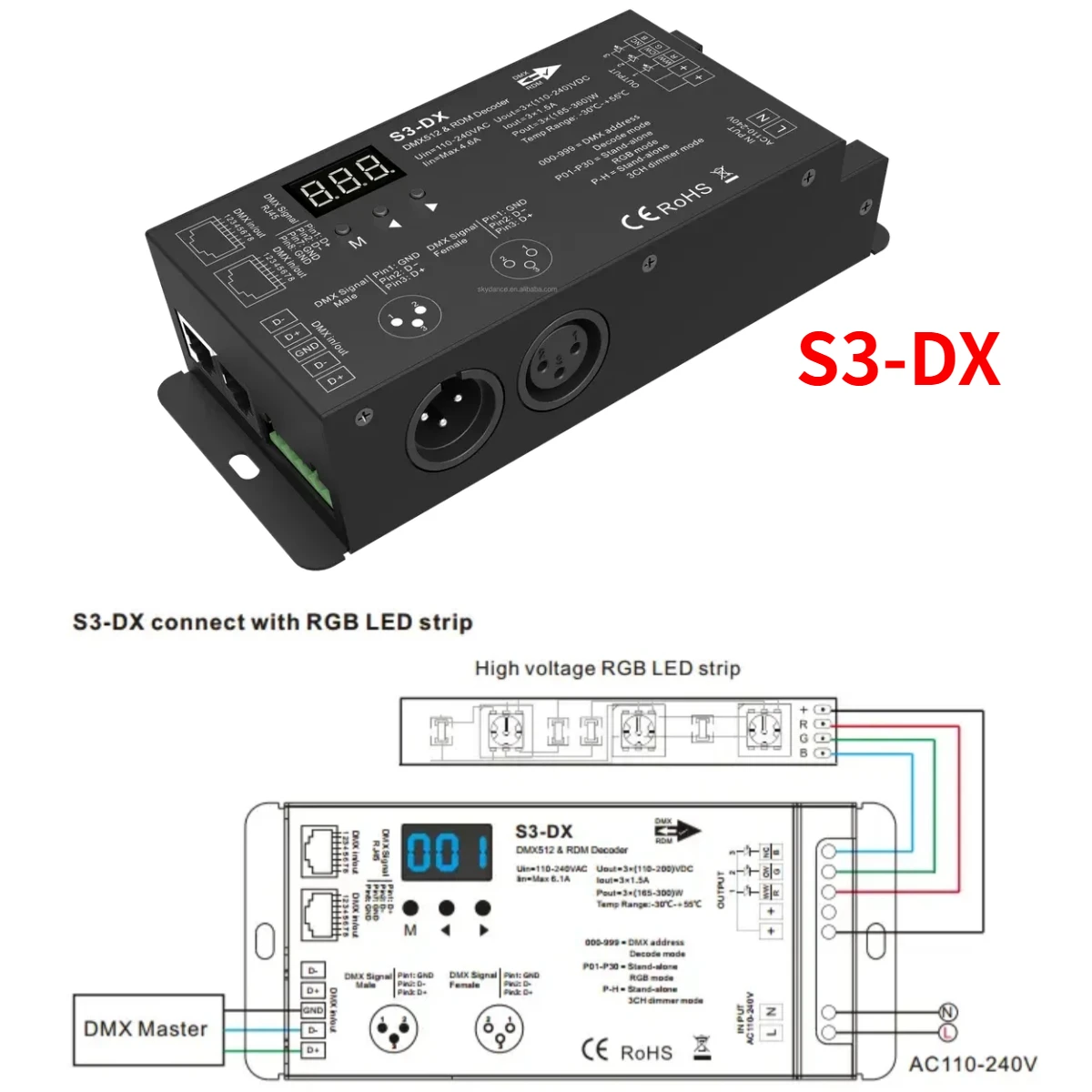 

Высоковольтная 3-канальная Светодиодная лента DMX512, 220-В переменного тока, декодер, радиочастотный 3CH RDM контроллер XLR3 и RJ45 для светодиодных RGB-ламп