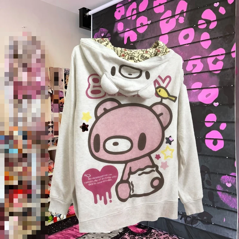 Y2K Harajuku Sweet Edgy Vampire Gloomy Bear Graphic Print Hoodie Women Oversized Loose Fit Ear Hood Casual Streetwear Sweatshirt - view 3
