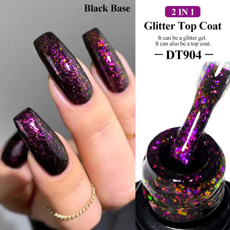 MEET ACROSS 7ml Glitter Top Coat Gel Nail Polish Brocade Powder 2 In 1 Chameleon Nail Art Gel Varnish Manicure For Nails