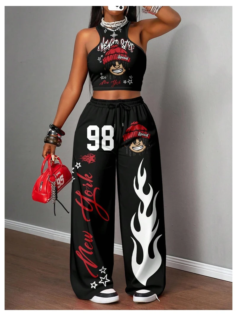 Women's Y2k 2 Piece Outfits Graphic Crop Tank Low Rise Wide Leg Baggy Pants Set Hip Hop Streetwear