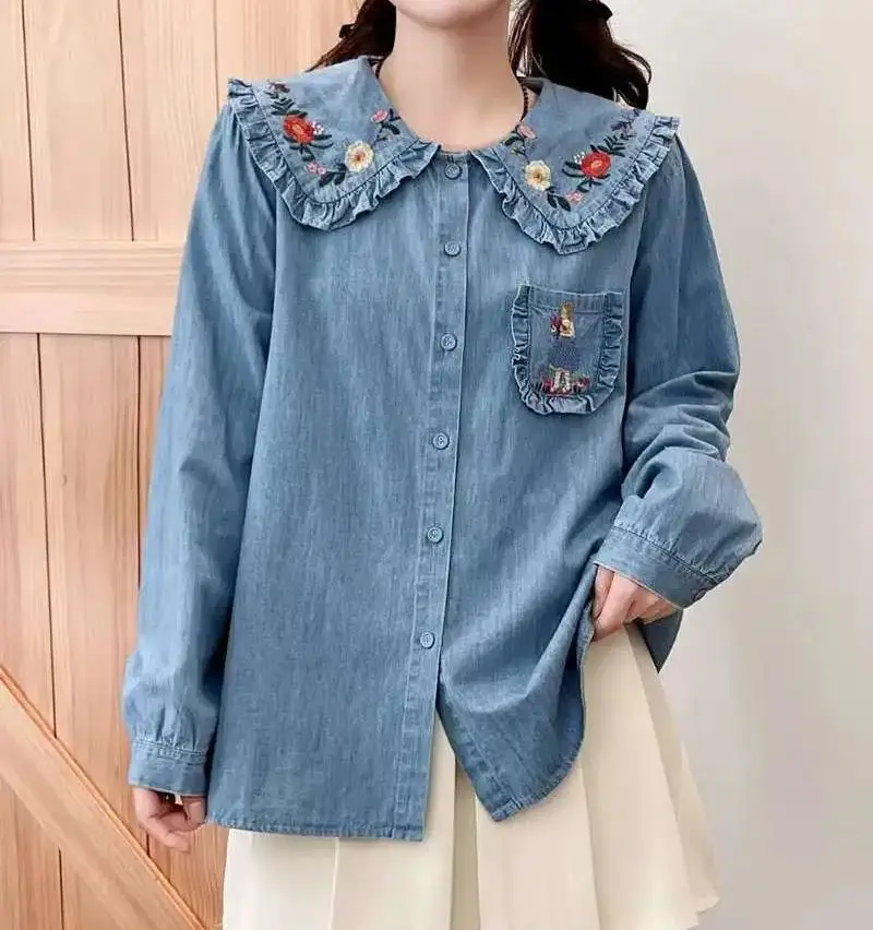 

Elegant and youth woman blouses women autumn Korean y2k fashion cartoon embroider denim shirts blouses jean tops mori girl tops