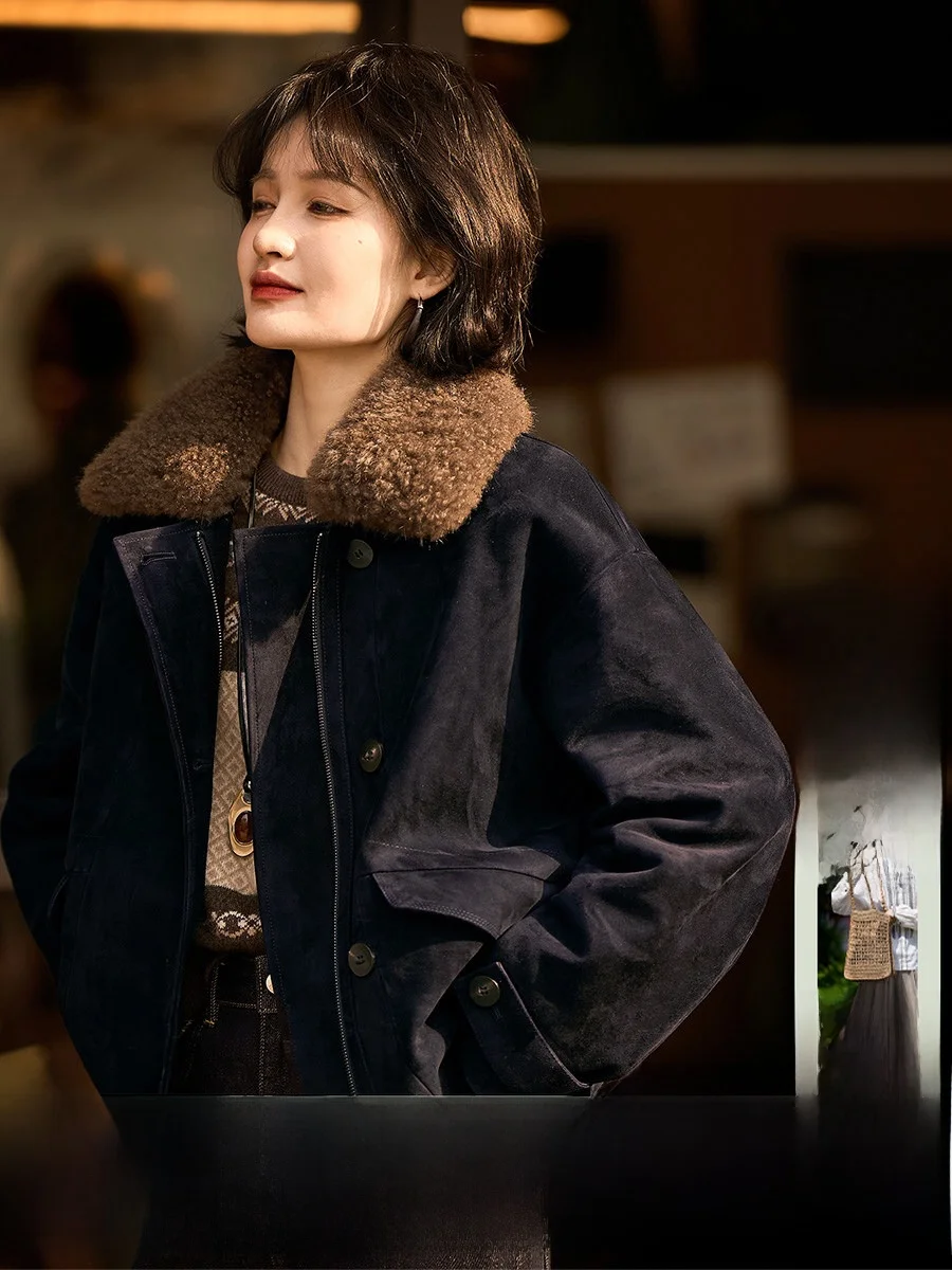 

Blacurrant Leather Quilted Jaet Wild Series Women's Faion ort Coat Goat Camere Large Fur Collar 95 Goose down Flo...