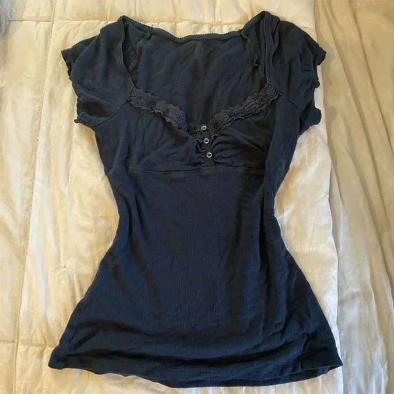 

Винтажная облегающая кружевная футболка однотонного цвета, повседневный укороченный топ в стиле хип-хоп для женщин, модный уличный стиль, панк-рок