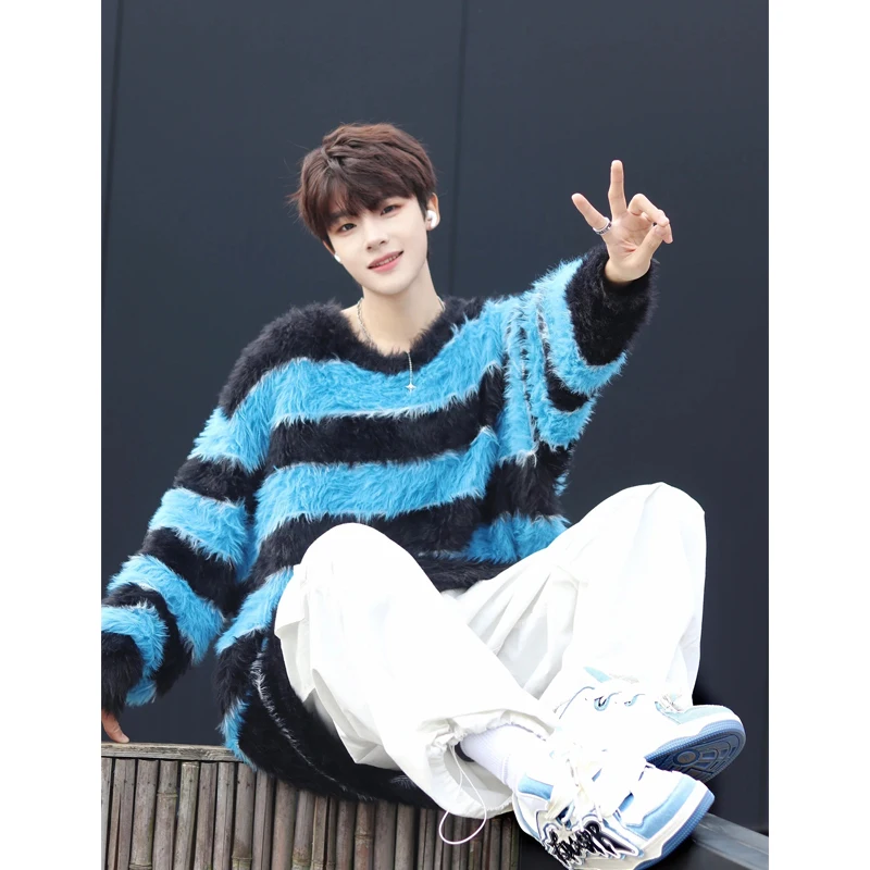 

Мужской зимний вязаный свитер с круглым вырезом, кашемировый, с узором косы, модный, в стиле колор-блок, полосатый, премиум-класса, трикотажная кофта